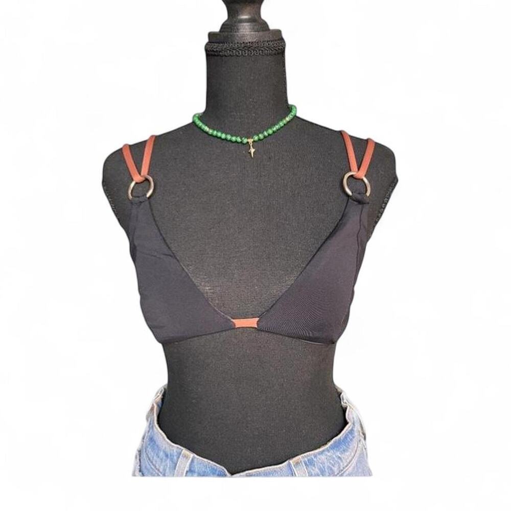 WeWoreWhat Black Triangle Bikini Top Brown Strap Ring Detail Strappy Women’s M - Picture 2 of 6